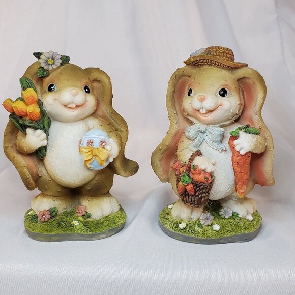 Easter Bunny Couple Resin Figurine Set Spring Decoration 5.5" Tall Resin - Picture 9 of 11